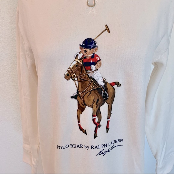 Ralph Lauren Ivory White Polo Bear on Horse Cotton Fleece Sweatshirt Tunic Dress - Picture 3 of 12